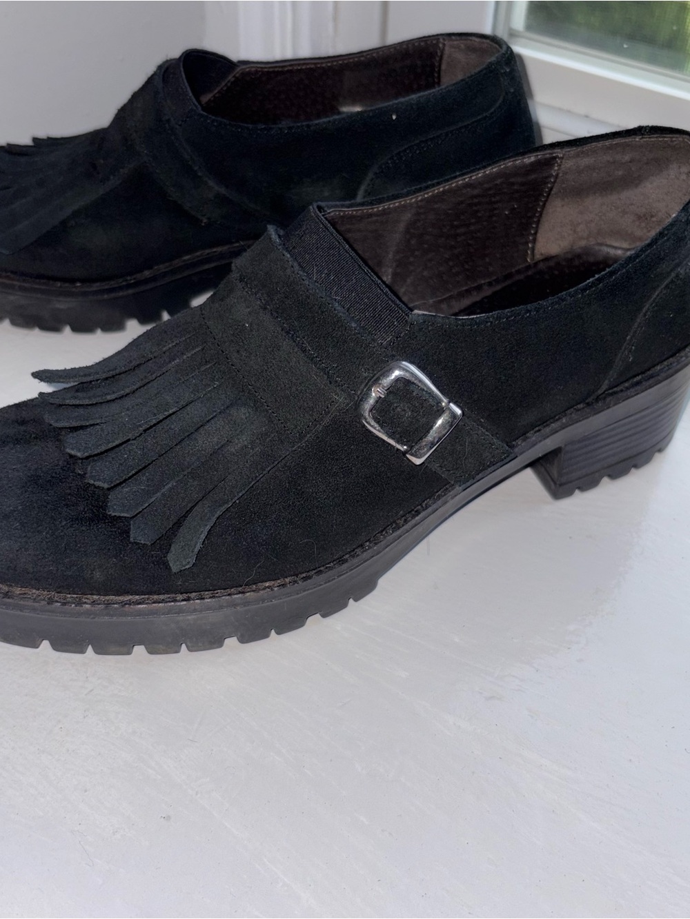 Black Suede Heeled Ankle Boots with Buckle Detail